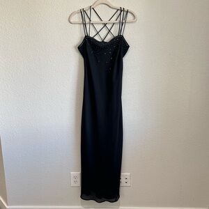 VTG Y2K CDC Womens Size 6 Rhinestone Black Strappy Maxi Dress Gothic Whimisigoth